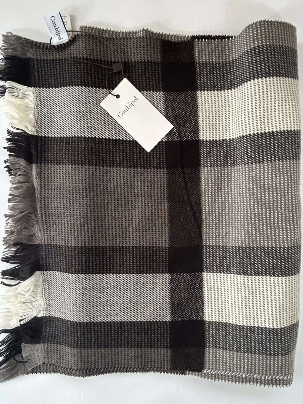 Classic Plaid Fringed Scarf in Black and Gray